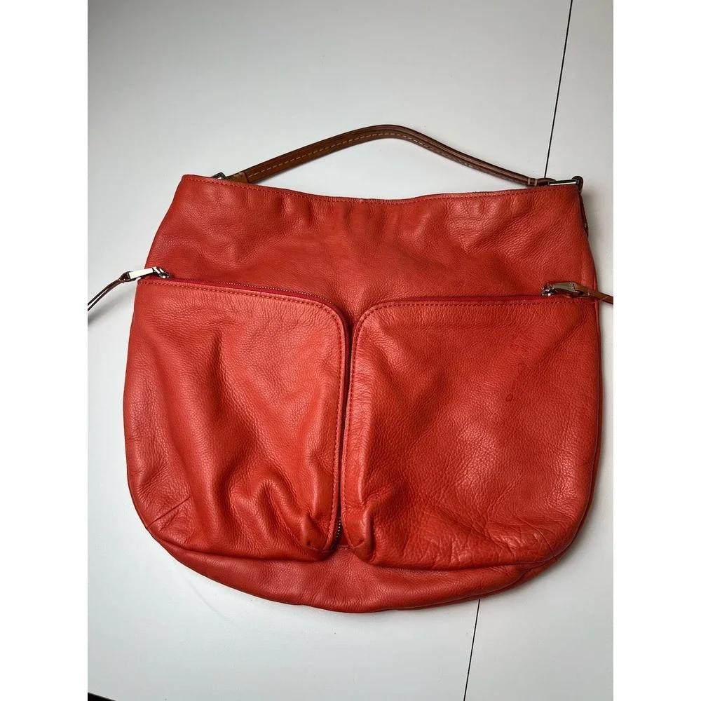 Christopher Kon Leather Slouch Purse Salmon Orange Strap Outside Zip Pockets
